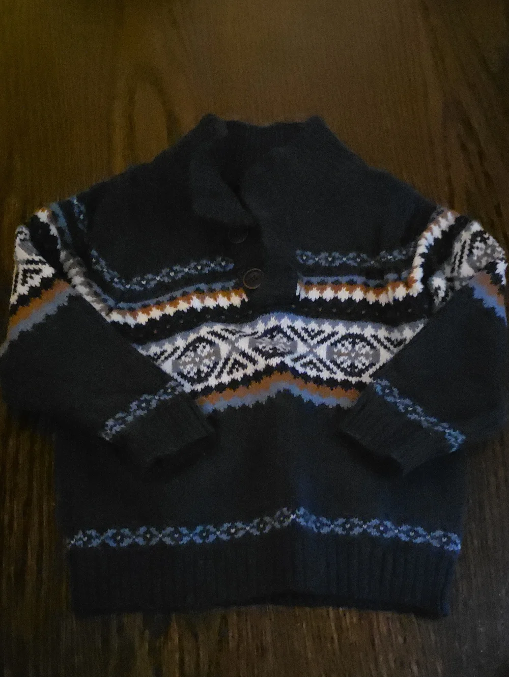 Janie and Jack Dark Gray Fair Isle Knit Sweater with Blue & Cream Pattern